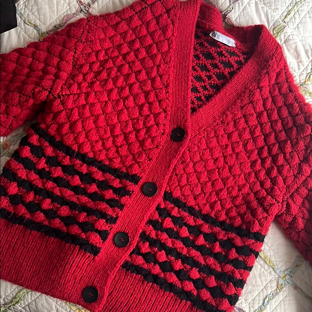 Zara Red and Black Textured Cardigan